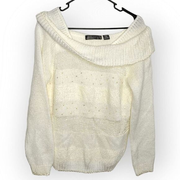 Gitano Knits Vintage 90s Off the Shoulder Cowl Neck Sweater in White with Sequin - Picture 1 of 5